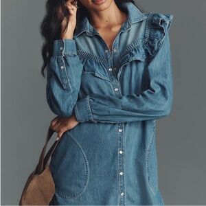 Anthropologie Pilcro Long-Sleeve Ruffled Denim Mini Shirt Dress